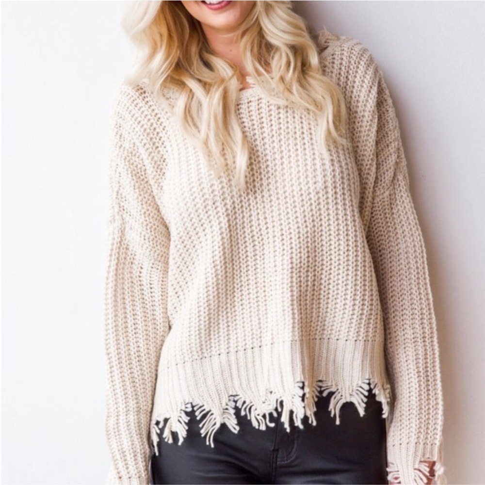 Young Fabulous & Broke Ivory Knit Fringe Pullover Sweater S/M